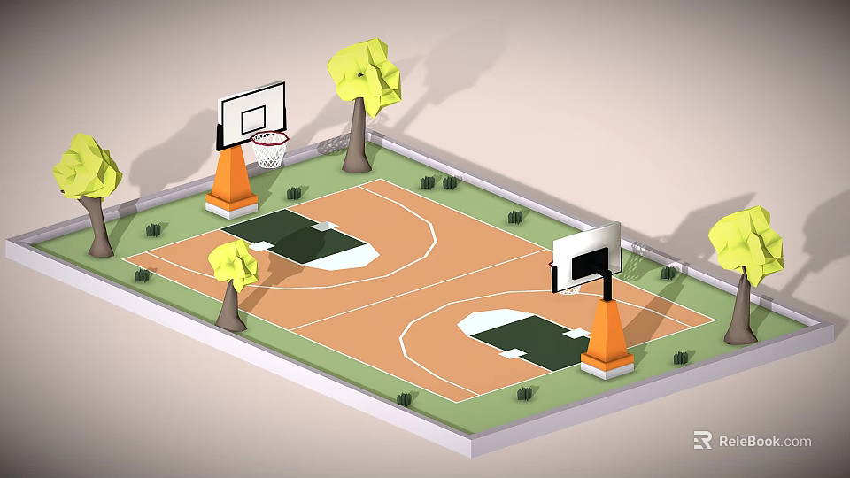 Outdoor Basketball Court Sports Equipment With Two Hoop Backboards Orange Bases And Green Trees 3d model 