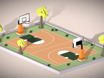 Outdoor Basketball Court Sports Equipment With Two Hoop Backboards Orange Bases And Green Trees 3d model
