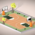 Outdoor Basketball Court Sports Equipment With Two Hoop Backboards Orange Bases And Green Trees