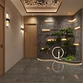 Modern Elevator Hallway Design With Wooden Doors Wall Lamps Green Plants And Gray Floor Tiles