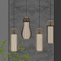 Modern Natural Four Pendant Lights with Wooden Frames and Woven Shades Gray Wall and Green Plants
