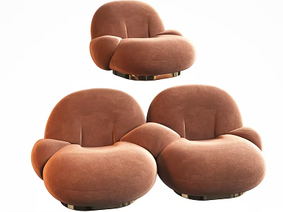 Three-Piece Brown Modern Sofa Set with Rounded Design and Plush Velvet Upholstery 3d model