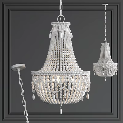 Elegant White Beaded Chandeliers With Intricate Design Hanging On Dark Wall 3d model