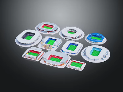 Various Shaped Stadium Architectural Models With Green Fields And Red Blue Stands 3d model