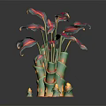 Cartoon Scene Colorful Plant Featuring Red Pink Leaves Green Stems Yellow Decorations On Black Background