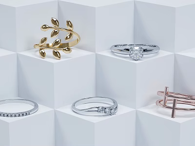 Fashionable Jewelry Rings with Leaf Diamond Cross Designs on White Cube 3d model Fashionable Jewelry Rings with Leaf Diamond Cross Designs on White Cube 3d model