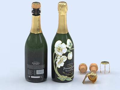 Green Champagne Bottles With White Flower Designs Alongside Corks And Bottle Opener 3d model
