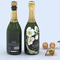 Green Champagne Bottles With White Flower Designs Alongside Corks And Bottle Opener