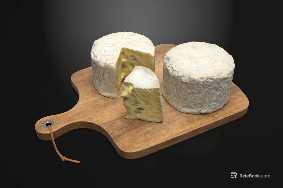 Artisanal Cheese Wheels On Wooden Cutting Board With Sliced Piece And Soft Interior 3d model 