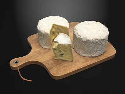 Artisanal Cheese Wheels On Wooden Cutting Board With Sliced Piece And Soft Interior 3d model