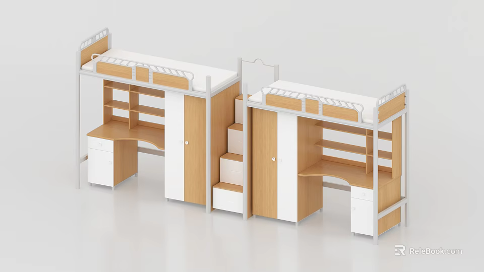 School Dormitory Bunk Beds With Functional Desks Storage Cabinets And Stairs 3d model