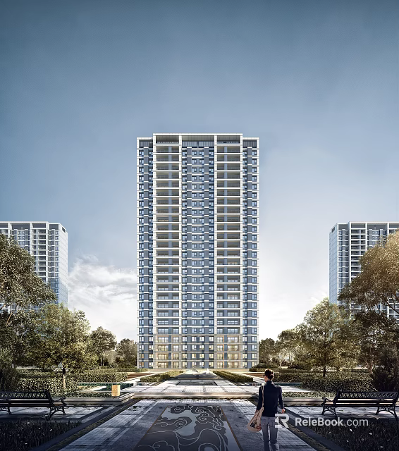 Modern High Rise Residential Building With Trees And Clear Blue Sky 3d model 
