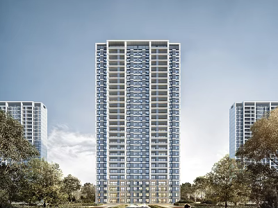 Modern High Rise Residential Building With Trees And Clear Blue Sky 3d model