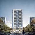 Modern High Rise Residential Building With Trees And Clear Blue Sky