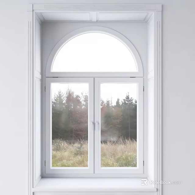 Modern White Frame Double Casement Window With Natural Scenic View Outside 3d model 