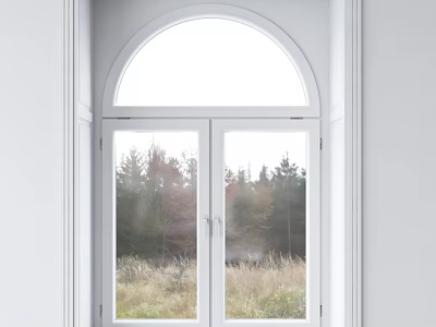 Modern White Frame Double Casement Window With Natural Scenic View Outside 3d model
