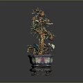 Artistic Bonsai Tree with Red Fruits and Green Leaves in Colorful Decorative Pot
