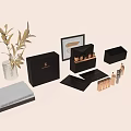 Elegant Perfume Cosmetics Collection With Gold Bottles Black Packaging Brand Cards And Decorative Plants