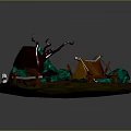 Cartoon Scene with Green Emeralds Brown Tree Stump and Fence Pink Tent and Orange Pebbles