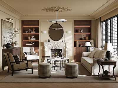 Elegant Living Room Interior With Ornate Ceiling Circular Mirror Fireplace Bookshelves Sofa And Armchair 3d model