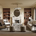 Elegant Living Room Interior With Ornate Ceiling Circular Mirror Fireplace Bookshelves Sofa And Armchair