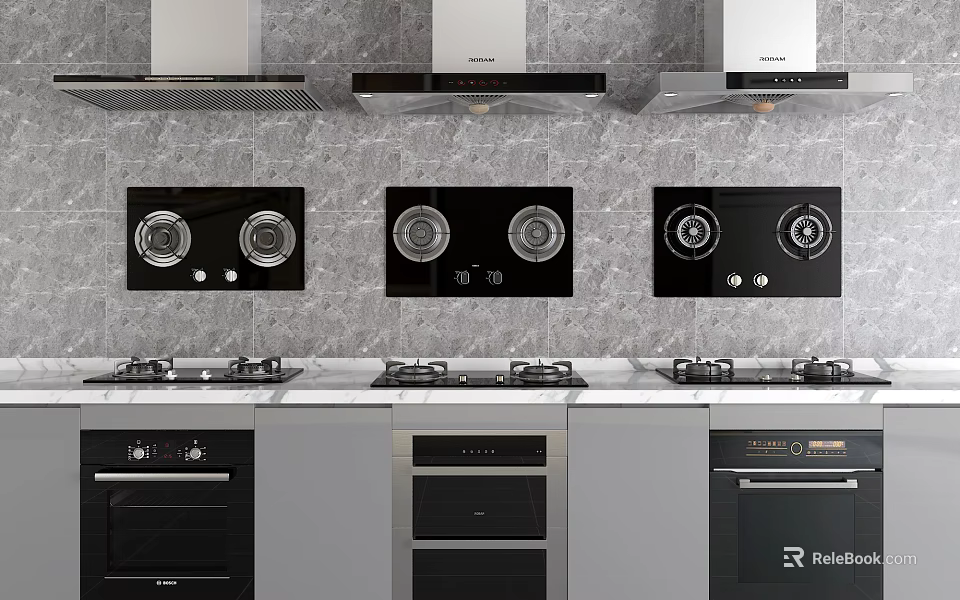 Modern Kitchen Appliances Featuring Range Hoods Gas Stoves And Ovens In Sleek Design 3d model 