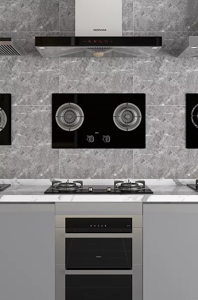 Modern Kitchen Appliances Featuring Range Hoods Gas Stoves And Ovens In Sleek Design 3d model