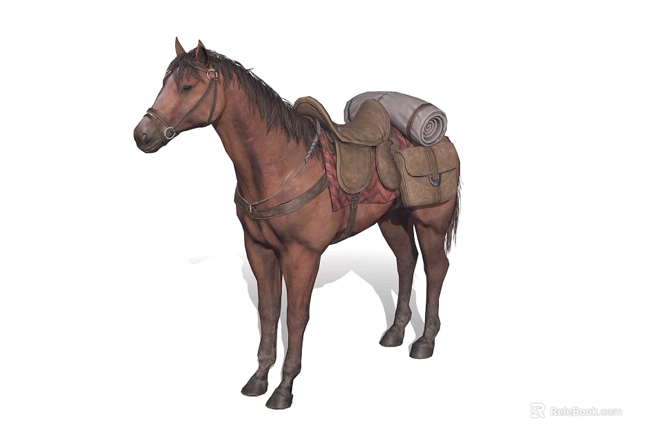 Brown Horse With Saddle Pack Bags And Rolled Blanket On Back 3d model 