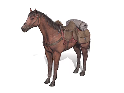 Brown Horse With Saddle Pack Bags And Rolled Blanket On Back 3d model