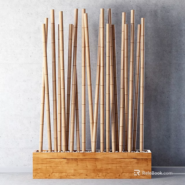Bamboo Poles Wall Decor Arranged In Wooden Base Against Gray Wall 3d model 