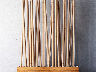 Bamboo Poles Wall Decor Arranged In Wooden Base Against Gray Wall 3d model
