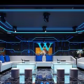Modern KTV Room Interior With Neon Lighting White Sofas Coffee Tables And Ceiling Lights 3d model