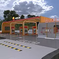 China Petroleum Gas Station With Modern Design Yellow Red Canopy And Multiple Fuel Pumps