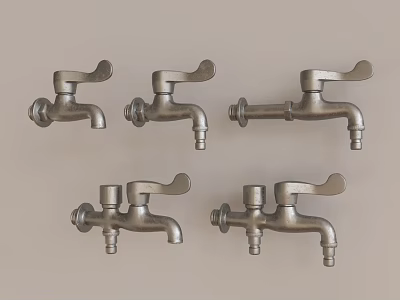 Five Vintage Metal Faucets Displayed On Beige Background With Various Handle Designs 3d model