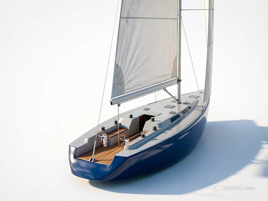 Classic Blue Hull Sailboat Featuring White Sails Wooden Deck And Mast 3d model 