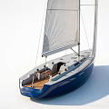 Classic Blue Hull Sailboat Featuring White Sails Wooden Deck And Mast