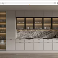 Modern Kitchen Cabinets With Glass Doors Displaying Dishes And Marble Backsplash Design