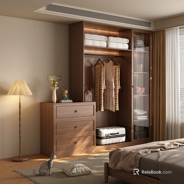 Wooden Wardrobe Modern Design With Hanging Clothes Folded Towels And Side Chest Of Drawers 3d model 