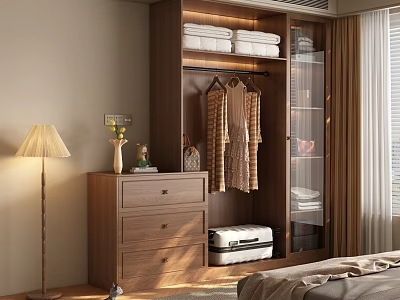 Wooden Wardrobe Modern Design With Hanging Clothes Folded Towels And Side Chest Of Drawers 3d model