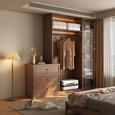 Wooden Wardrobe Modern Design With Hanging Clothes Folded Towels And Side Chest Of Drawers 3d model