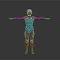 Female Game Movie Character In Blue Tight Combat Suit With Helmet And Arms Outstretched