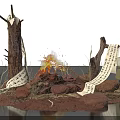 Burning Bonfire With Firewood Stones And Scrolls On Sandy Ground