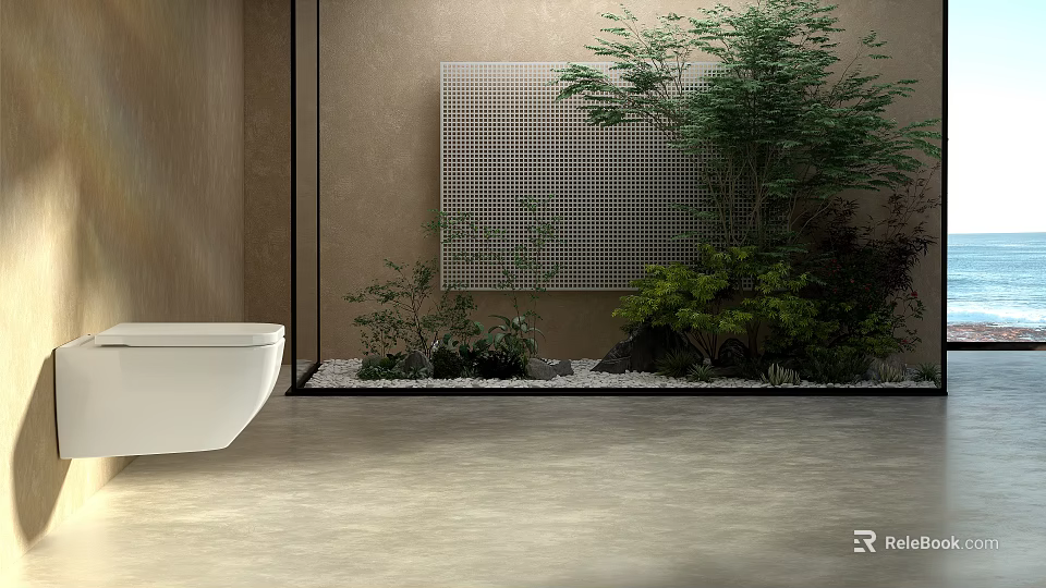 Modern Indoor Landscape With White Bathtub Light Walls Grid Panel Stones And Greenery 3d model 