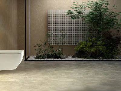 Modern Indoor Landscape With White Bathtub Light Walls Grid Panel Stones And Greenery 3d model