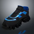 Black Sneakers With Neon Blue Accents Thick Traction Sole And Modern Upper Design