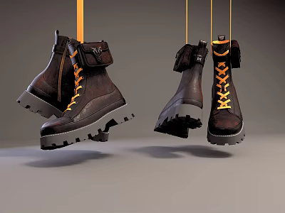Stylish Brown Leather Boots With Yellow Laces Thick Soles And Hanging Display Design 3d model
