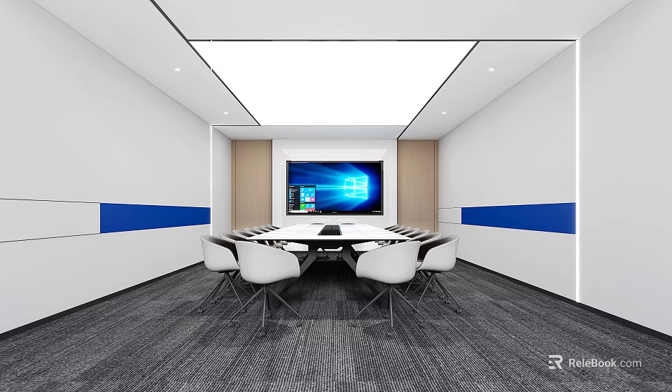 Modern Conference Room Interior With Blue White Walls Large Screen Meeting Table And Chairs 3d model 