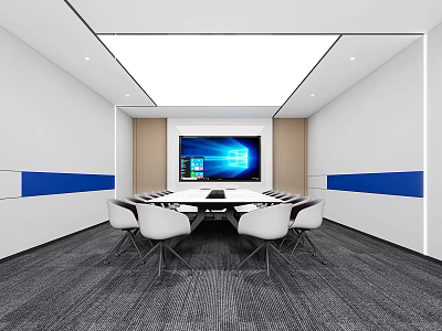 Modern Conference Room Interior With Blue White Walls Large Screen Meeting Table And Chairs 3d model