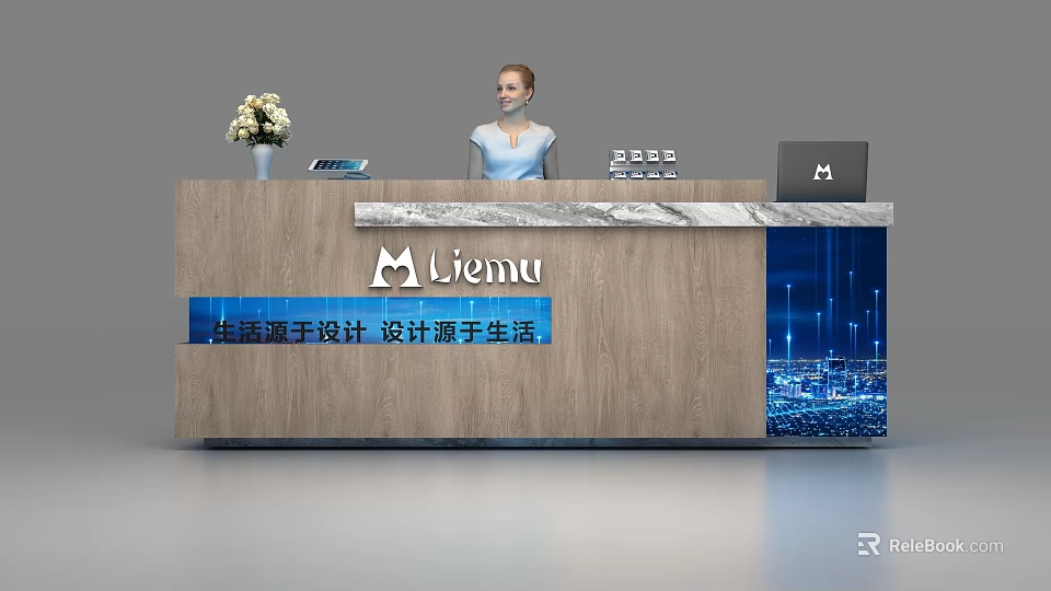 Modern Wooden Reception Desk With Logo Flower Vase Tablet And Laptop 3d model 