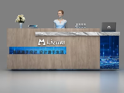 Modern Wooden Reception Desk With Logo Flower Vase Tablet And Laptop 3d model